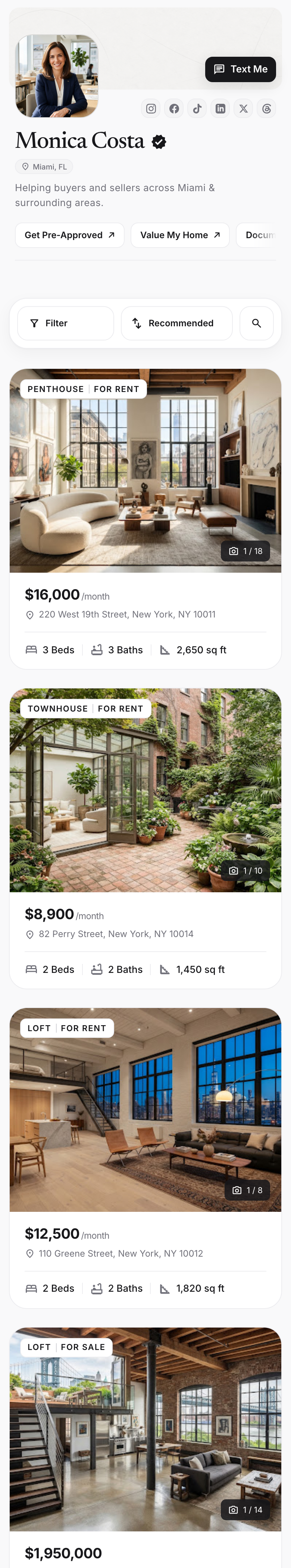 Monica Costa's profile followed by her property catalog