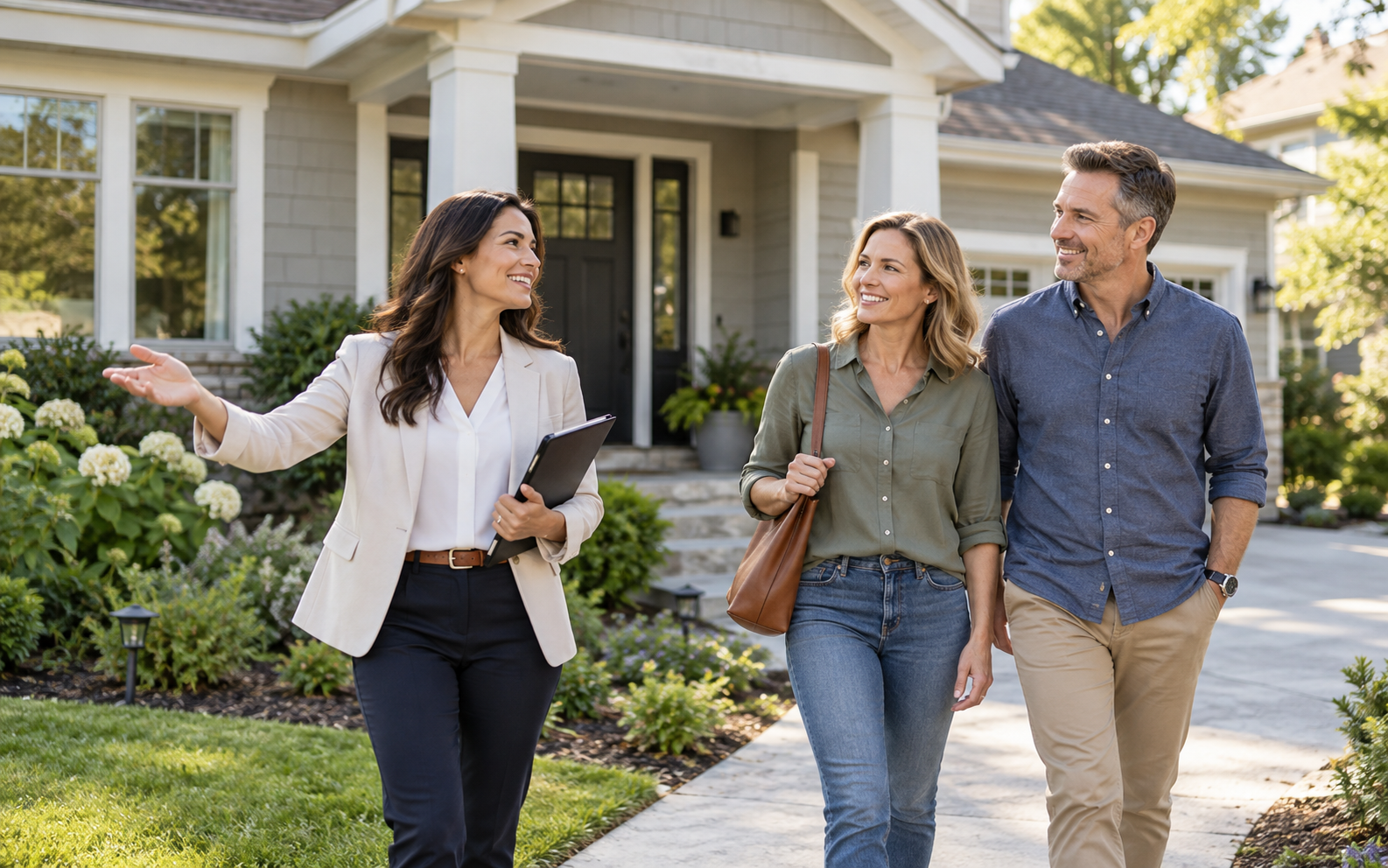A real estate agent presenting a home to a couple