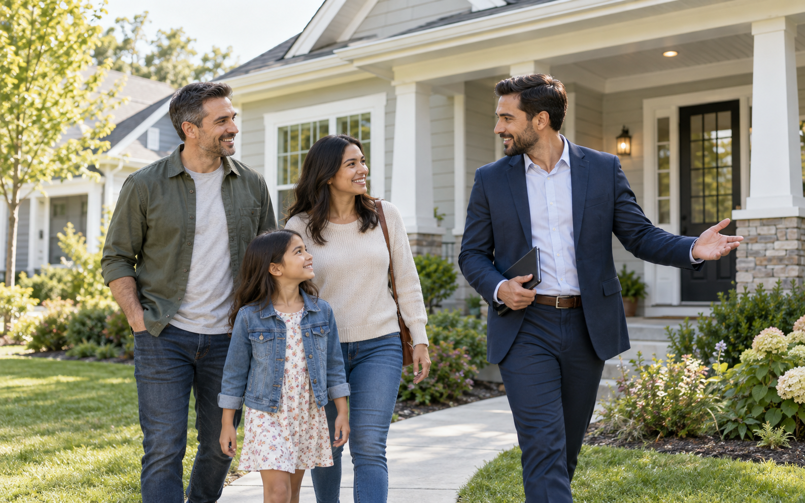A real estate agent guiding a family during a home visit